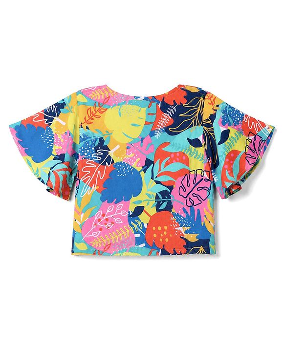 Babyhug Cotton Woven Half Sleeves Co-Ords Top & Palazzo Set with Tropical Print -  Blue