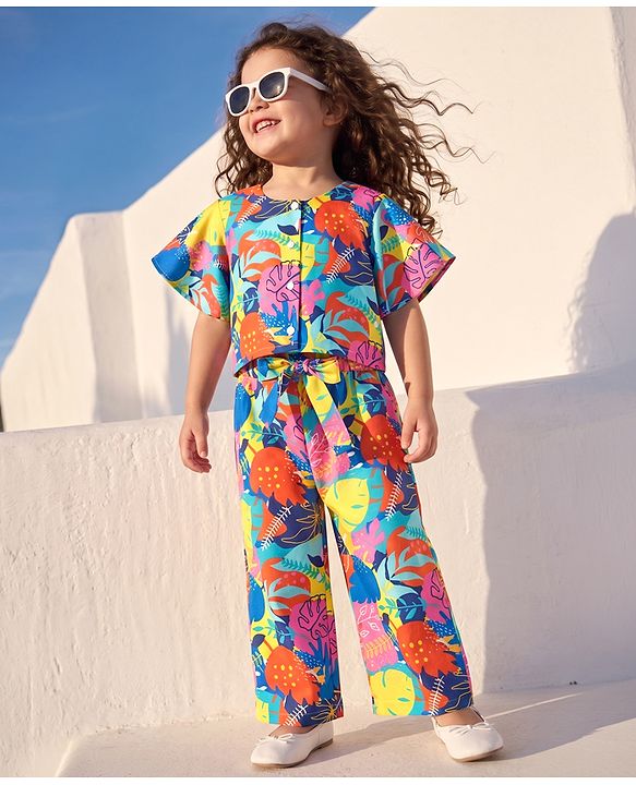 Babyhug Cotton Woven Half Sleeves Co-Ords Top & Palazzo Set with Tropical Print -  Blue