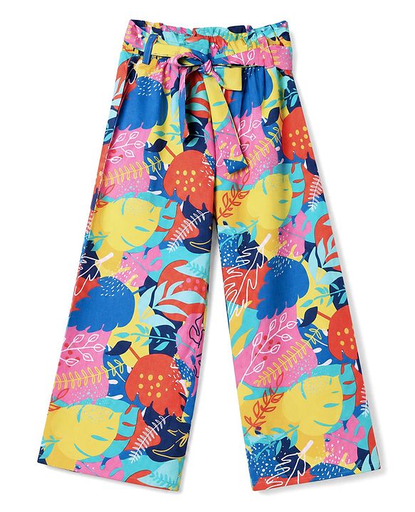 Babyhug Cotton Woven Half Sleeves Co-Ords Top & Palazzo Set with Tropical Print -  Blue