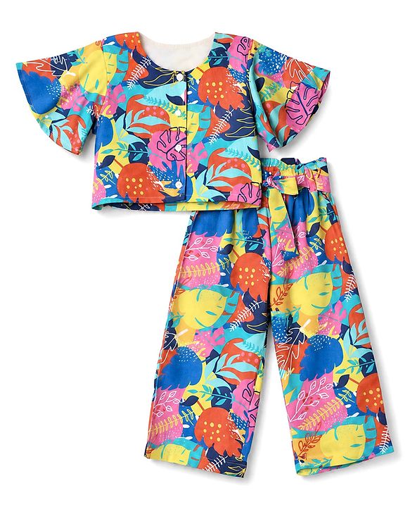 Babyhug Cotton Woven Half Sleeves Co-Ords Top & Palazzo Set with Tropical Print -  Blue
