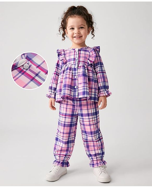 Babyhug 100% Cotton Woven Full Sleeves Checked Co-Ords Top & Pant Set - Purple