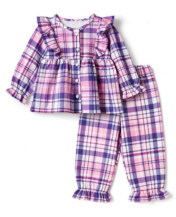 Babyhug 100% Cotton Woven Full Sleeves Checked Co-Ords Top & Pant Set - Purple
