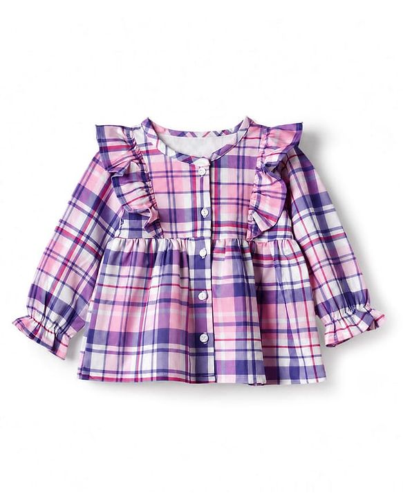 Babyhug 100% Cotton Woven Full Sleeves Checked Co-Ords Top & Pant Set - Purple