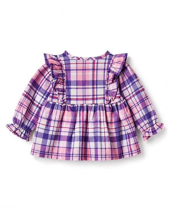 Babyhug 100% Cotton Woven Full Sleeves Checked Co-Ords Top & Pant Set - Purple