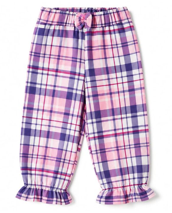 Babyhug 100% Cotton Woven Full Sleeves Checked Co-Ords Top & Pant Set - Purple