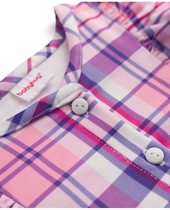 Babyhug 100% Cotton Woven Full Sleeves Checked Co-Ords Top & Pant Set - Purple
