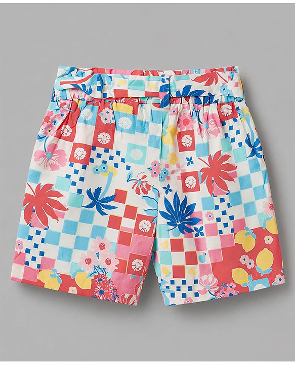Babyhug Cotton Woven Half Sleeves Floral Printed Shirt Style Co-Ord Top & Shorts Set - White