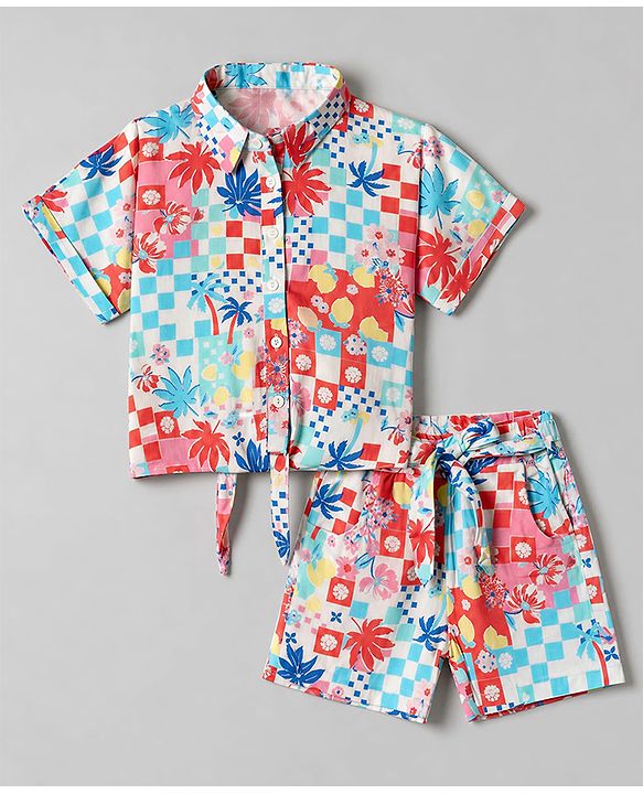 Babyhug Cotton Woven Half Sleeves Floral Printed Shirt Style Co-Ord Top & Shorts Set - White