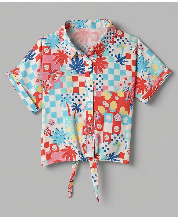 Babyhug Cotton Woven Half Sleeves Floral Printed Shirt Style Co-Ord Top & Shorts Set - White