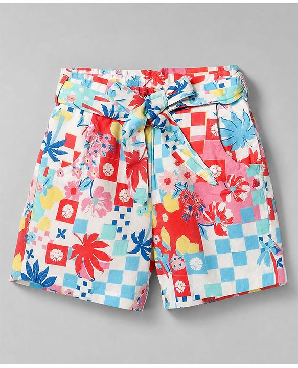 Babyhug Cotton Woven Half Sleeves Floral Printed Shirt Style Co-Ord Top & Shorts Set - White