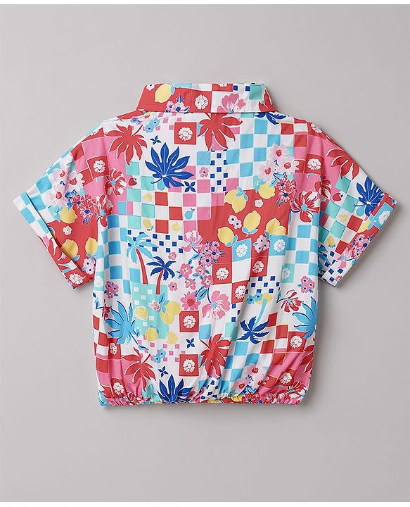 Babyhug Cotton Woven Half Sleeves Floral Printed Shirt Style Co-Ord Top & Shorts Set - White