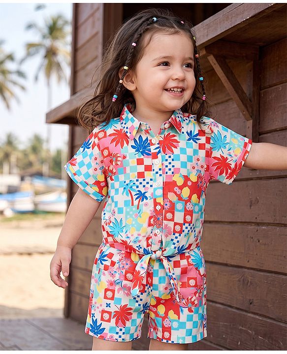 Babyhug Cotton Woven Half Sleeves Floral Printed Shirt Style Co-Ord Top & Shorts Set - White