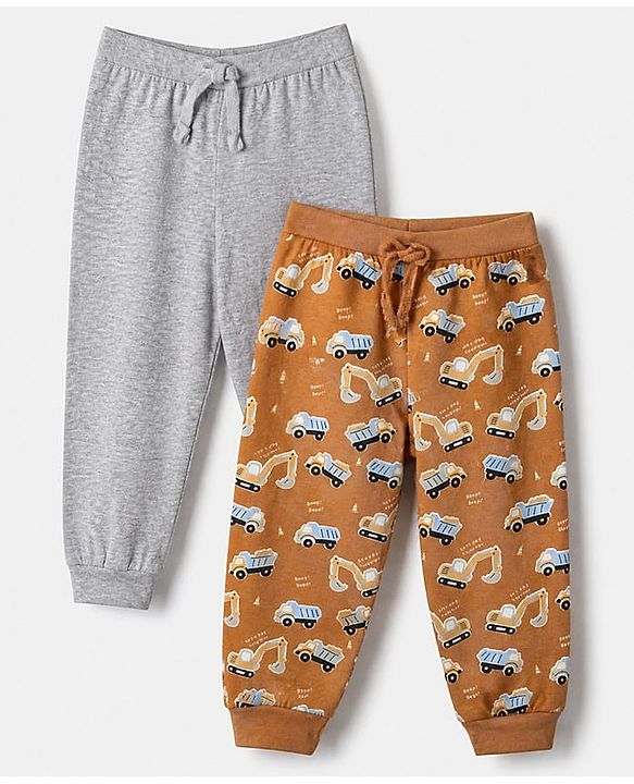 Babyhug Cotton Knit Full Length Lounge Pant With Vehicle Print Pack of 2 - Grey