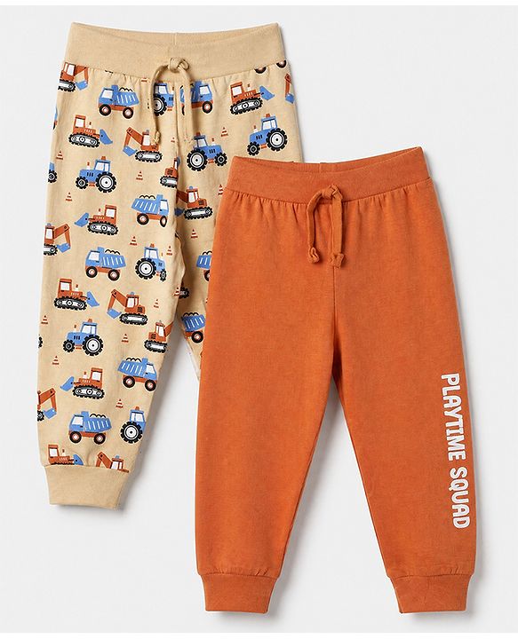 Babyhug Cotton Jersey Knit Full Length Jogger Fit Lounge Pant With Construction Vehicle Print Pack of 2 - Orange Peach