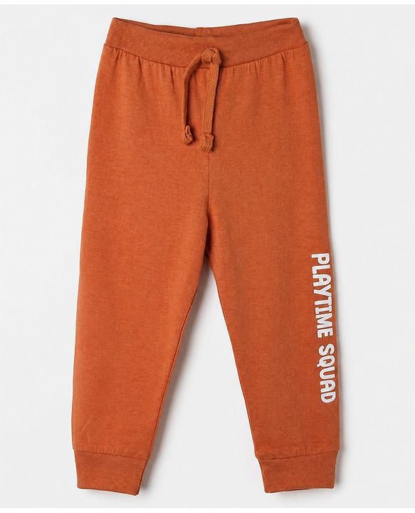 Babyhug Cotton Jersey Knit Full Length Jogger Fit Lounge Pant With Construction Vehicle Print Pack of 2 - Orange Peach