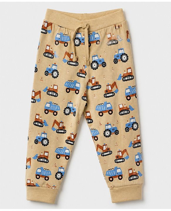 Babyhug Cotton Jersey Knit Full Length Jogger Fit Lounge Pant With Construction Vehicle Print Pack of 2 - Orange Peach