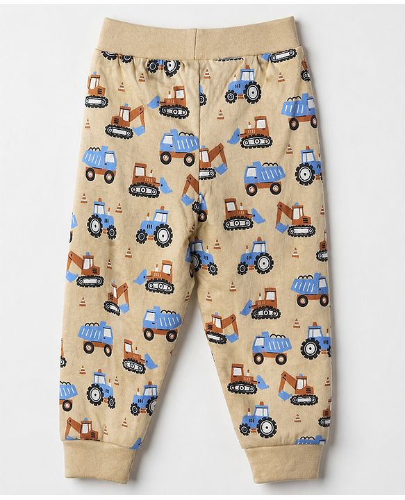 Babyhug Cotton Jersey Knit Full Length Jogger Fit Lounge Pant With Construction Vehicle Print Pack of 2 - Orange Peach