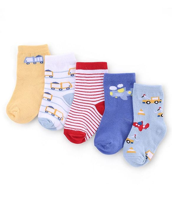 Cute Walk by Babyhug Knit Anti-Bacterial Ankle Length Striped Socks With Vehicle & Rocket Design Pack of 5 - Grey, Red &  Blue