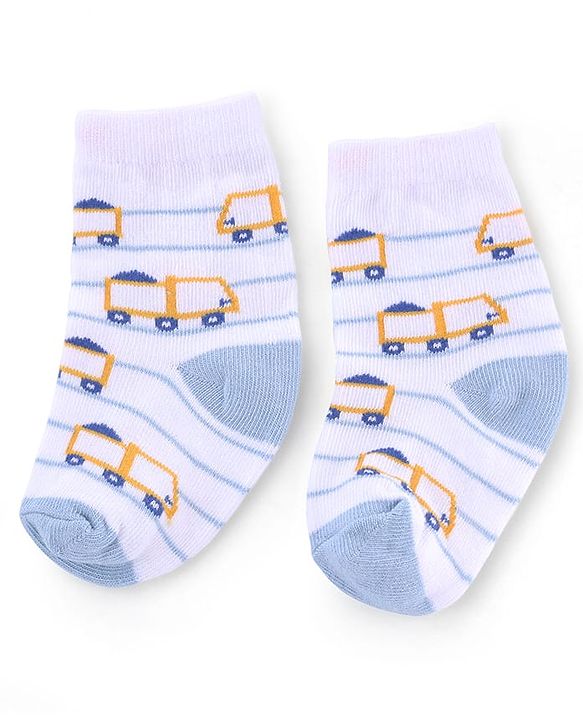 Cute Walk by Babyhug Knit Anti-Bacterial Ankle Length Striped Socks With Vehicle & Rocket Design Pack of 5 - Grey, Red &  Blue