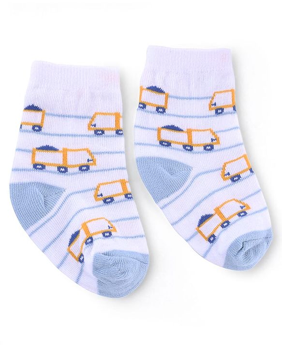 Cute Walk by Babyhug Knit Anti-Bacterial Ankle Length Striped Socks With Vehicle & Rocket Design Pack of 5 - Grey, Red &  Blue