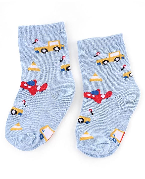 Cute Walk by Babyhug Knit Anti-Bacterial Ankle Length Striped Socks With Vehicle & Rocket Design Pack of 5 - Grey, Red &  Blue