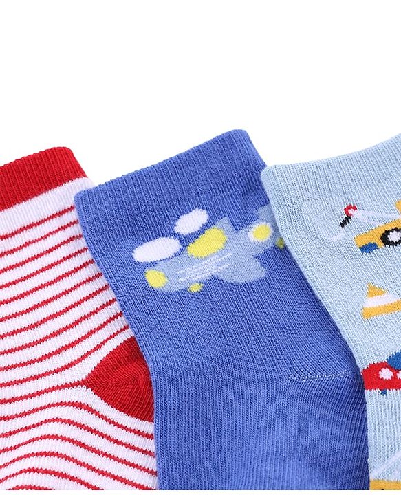 Cute Walk by Babyhug Knit Anti-Bacterial Ankle Length Striped Socks With Vehicle & Rocket Design Pack of 5 - Grey, Red &  Blue