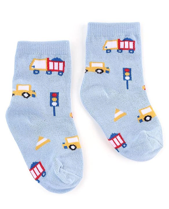 Cute Walk by Babyhug Knit Anti-Bacterial Ankle Length Striped Socks With Vehicle & Rocket Design Pack of 5 - Grey, Red &  Blue