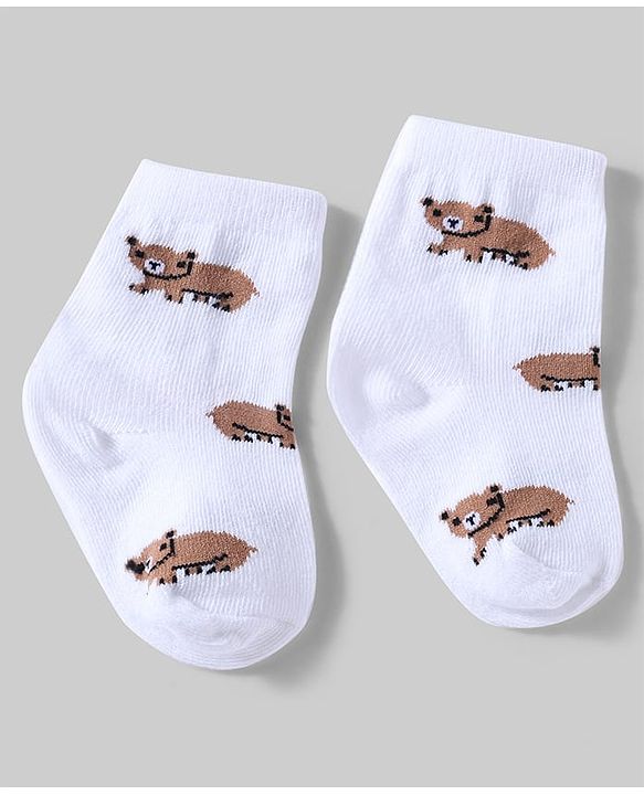 Cute Walk By Babyhug Knit Anti-Bacterial Ankle Length Socks With Animal Design Pack Of 5 - White, Maroon & Green