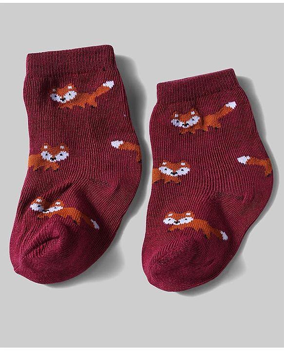 Cute Walk By Babyhug Knit Anti-Bacterial Ankle Length Socks With Animal Design Pack Of 5 - White, Maroon & Green