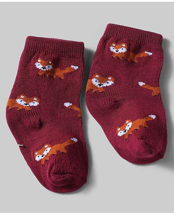 Cute Walk By Babyhug Knit Anti-Bacterial Ankle Length Socks With Animal Design Pack Of 5 - White, Maroon & Green