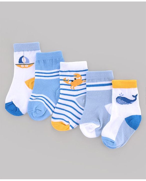 Cute Walk by Babyhug Knit Anti-Bacterial Ankle Length Striped Socks With Sea Life Design Pack of 5 - White & Sky Blue