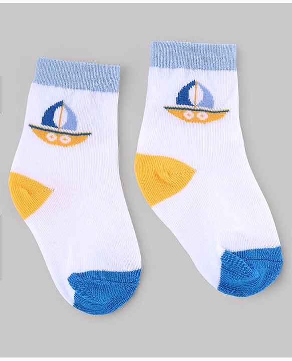 Cute Walk by Babyhug Knit Anti-Bacterial Ankle Length Striped Socks With Sea Life Design Pack of 5 - White & Sky Blue