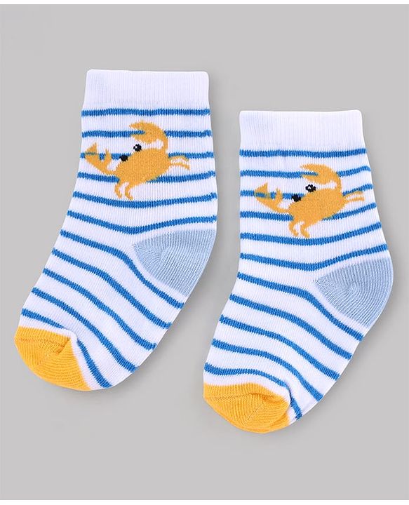 Cute Walk by Babyhug Knit Anti-Bacterial Ankle Length Striped Socks With Sea Life Design Pack of 5 - White & Sky Blue