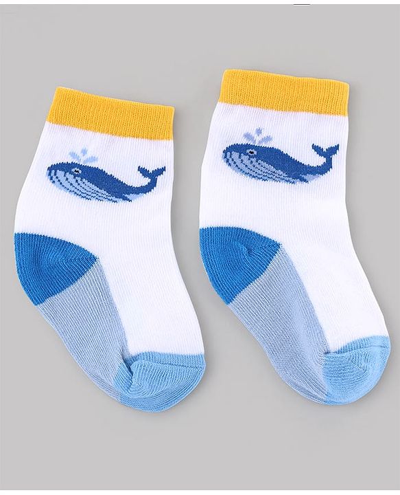 Cute Walk by Babyhug Knit Anti-Bacterial Ankle Length Striped Socks With Sea Life Design Pack of 5 - White & Sky Blue