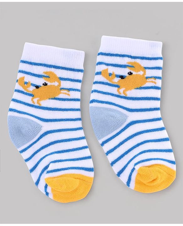 Cute Walk by Babyhug Knit Anti-Bacterial Ankle Length Striped Socks With Sea Life Design Pack of 5 - White & Sky Blue