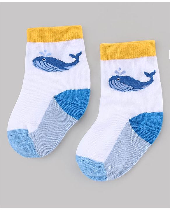 Cute Walk by Babyhug Knit Anti-Bacterial Ankle Length Striped Socks With Sea Life Design Pack of 5 - White & Sky Blue