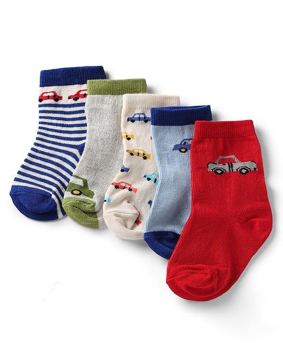 Cute Walk by Babyhug Knit Anti-Bacterial Ankle Length Striped Socks With Vehicle Design Pack of 5 - Grey, Red & Sky Blue