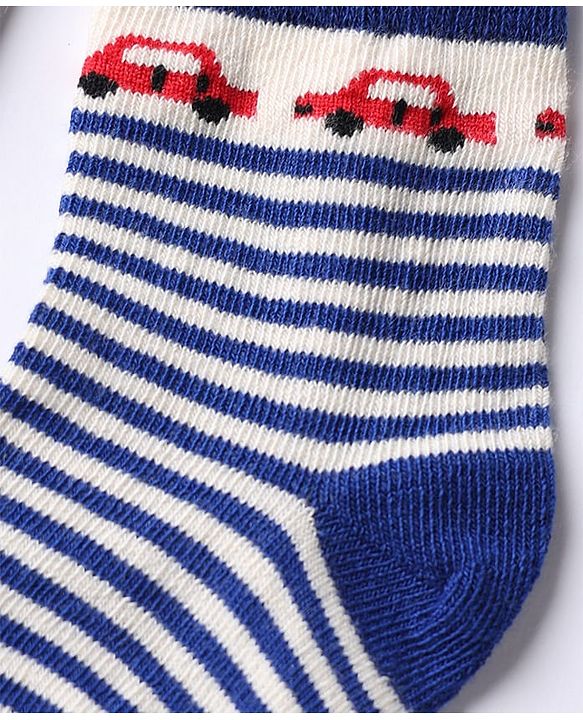 Cute Walk by Babyhug Knit Anti-Bacterial Ankle Length Striped Socks With Vehicle Design Pack of 5 - Grey, Red & Sky Blue