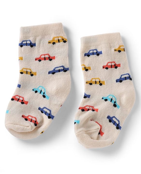Cute Walk by Babyhug Knit Anti-Bacterial Ankle Length Striped Socks With Vehicle Design Pack of 5 - Grey, Red & Sky Blue