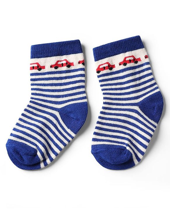 Cute Walk by Babyhug Knit Anti-Bacterial Ankle Length Striped Socks With Vehicle Design Pack of 5 - Grey, Red & Sky Blue