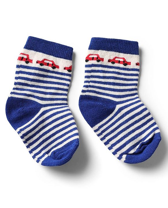 Cute Walk by Babyhug Knit Anti-Bacterial Ankle Length Striped Socks With Vehicle Design Pack of 5 - Grey, Red & Sky Blue