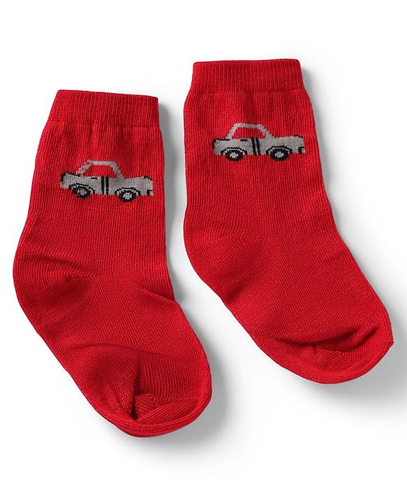 Cute Walk by Babyhug Knit Anti-Bacterial Ankle Length Striped Socks With Vehicle Design Pack of 5 - Grey, Red & Sky Blue