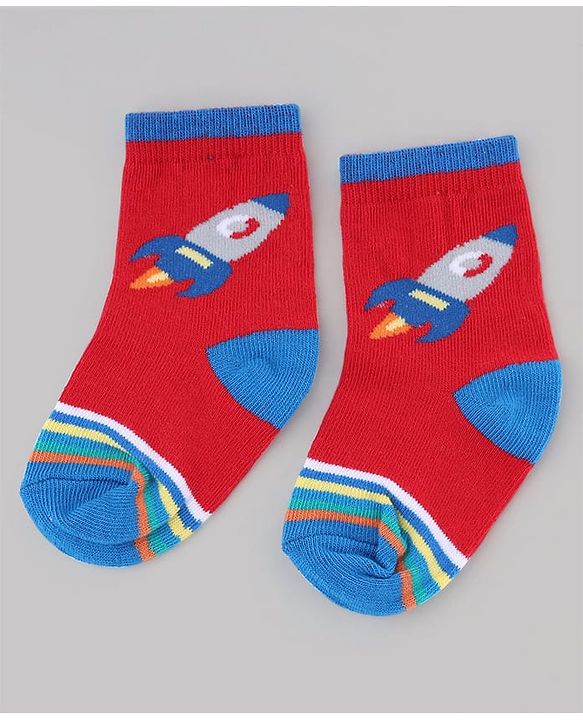 Cute Walk by Babyhug Knit Anti-Bacterial Ankle Length Striped Socks With Vehicle & Rocket Design Pack of 5 - Grey, Red & Sky Blue