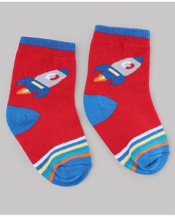 Cute Walk by Babyhug Knit Anti-Bacterial Ankle Length Striped Socks With Vehicle & Rocket Design Pack of 5 - Grey, Red & Sky Blue