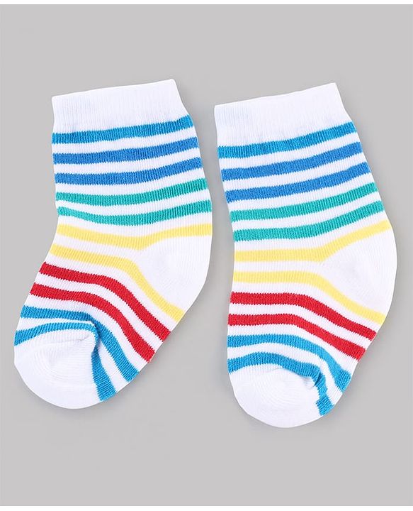 Cute Walk by Babyhug Knit Anti-Bacterial Ankle Length Striped Socks With Vehicle & Rocket Design Pack of 5 - Grey, Red & Sky Blue