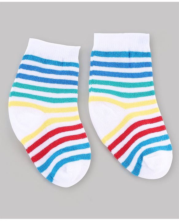 Cute Walk by Babyhug Knit Anti-Bacterial Ankle Length Striped Socks With Vehicle & Rocket Design Pack of 5 - Grey, Red & Sky Blue