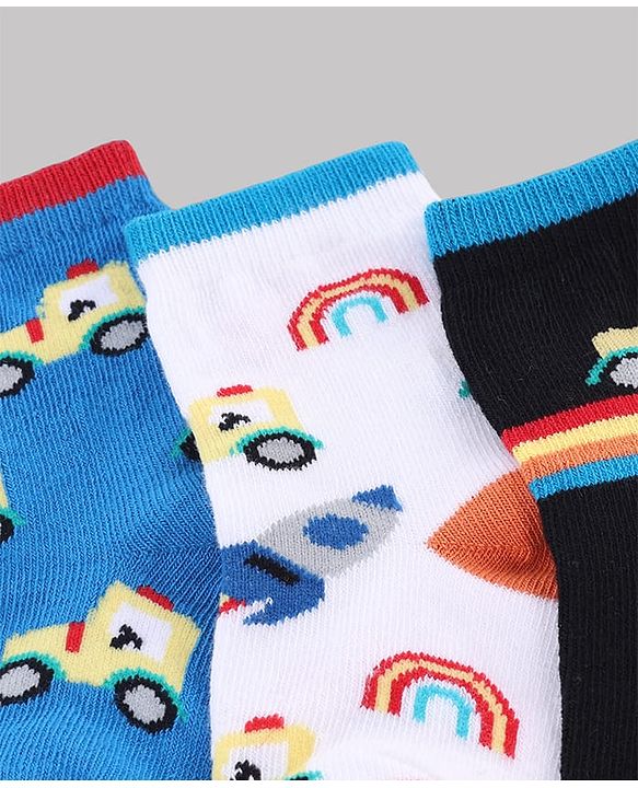 Cute Walk by Babyhug Knit Anti-Bacterial Ankle Length Striped Socks With Vehicle & Rocket Design Pack of 5 - Grey, Red & Sky Blue