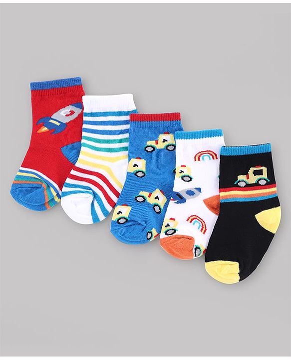 Cute Walk by Babyhug Knit Anti-Bacterial Ankle Length Striped Socks With Vehicle & Rocket Design Pack of 5 - Grey, Red & Sky Blue
