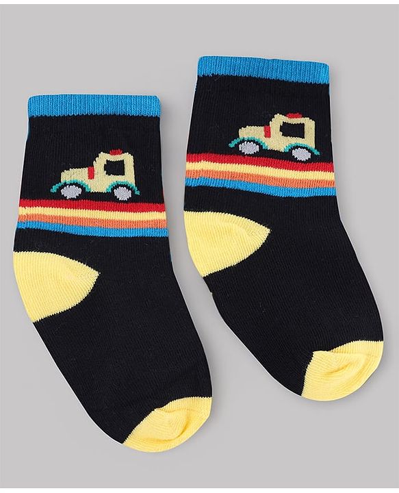 Cute Walk by Babyhug Knit Anti-Bacterial Ankle Length Striped Socks With Vehicle & Rocket Design Pack of 5 - Grey, Red & Sky Blue