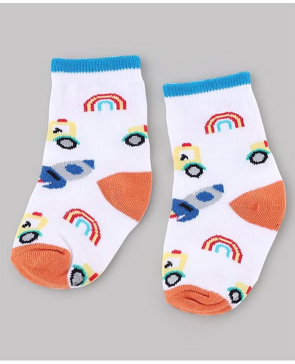 Cute Walk by Babyhug Knit Anti-Bacterial Ankle Length Striped Socks With Vehicle & Rocket Design Pack of 5 - Grey, Red & Sky Blue